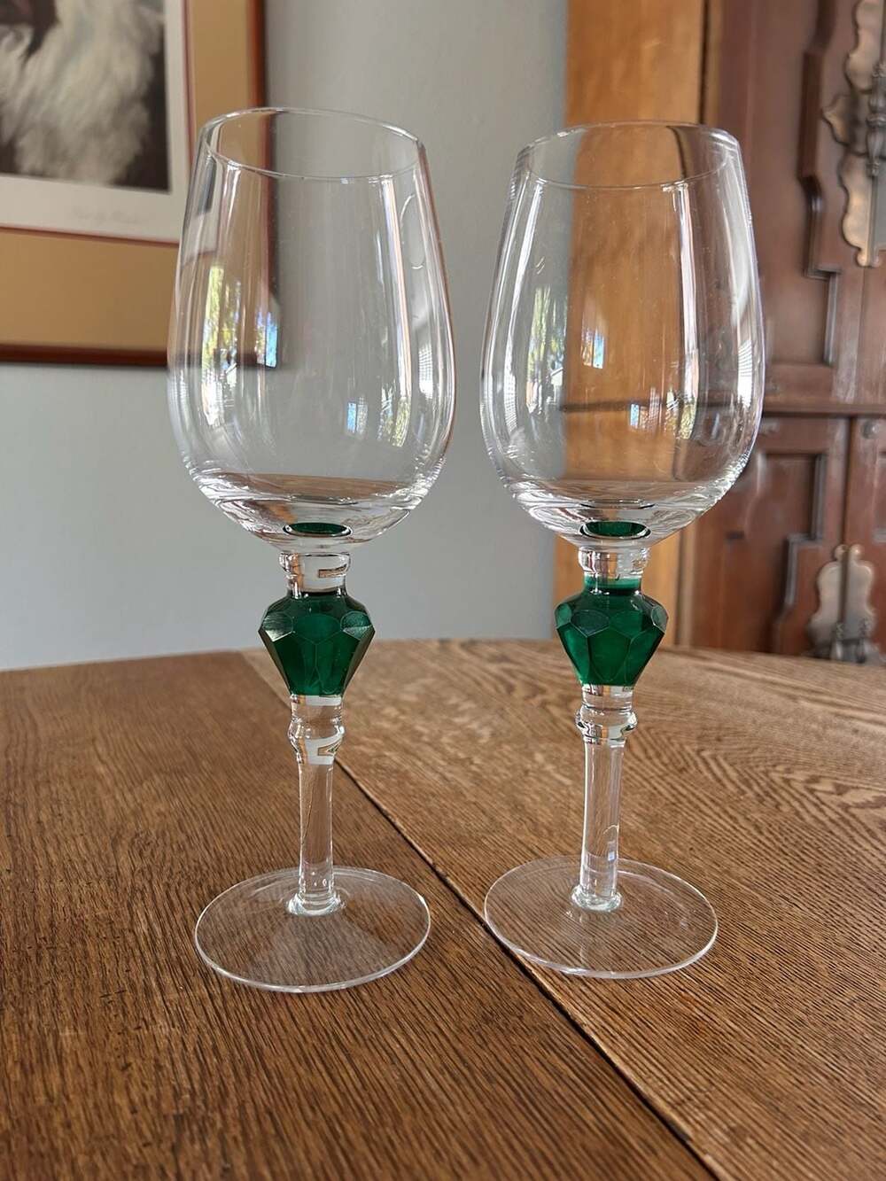 Gorham Gemstones Crystal Wine Glasses Green Stem Faceted Pair